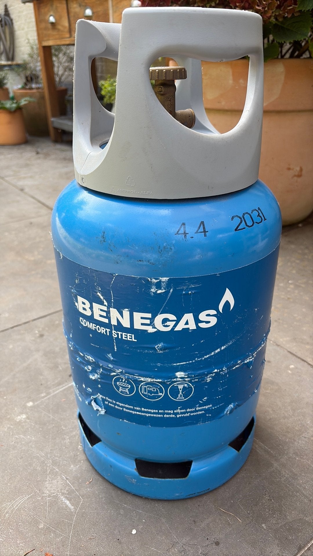 Benegas gasfles 6kg - bijna vol - 2031 gekeurd, Caravans en Kamperen, Ophalen, Zo goed als nieuw
