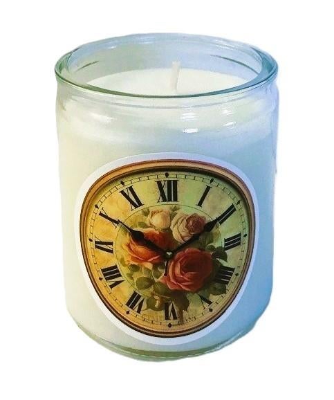Kaars in glas vintage klok met rozen - Incl. cadeauzakje, Huis en Inrichting, Woonaccessoires | Kandelaars en Kaarsen, Overige materialen