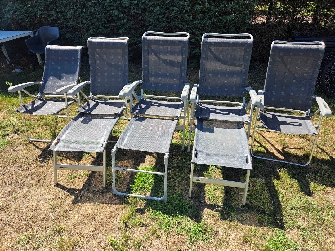 5 Grijze Dukdalf stoelen met 3 voetensteunen, Ophalen, Gebruikt, Campingstoel