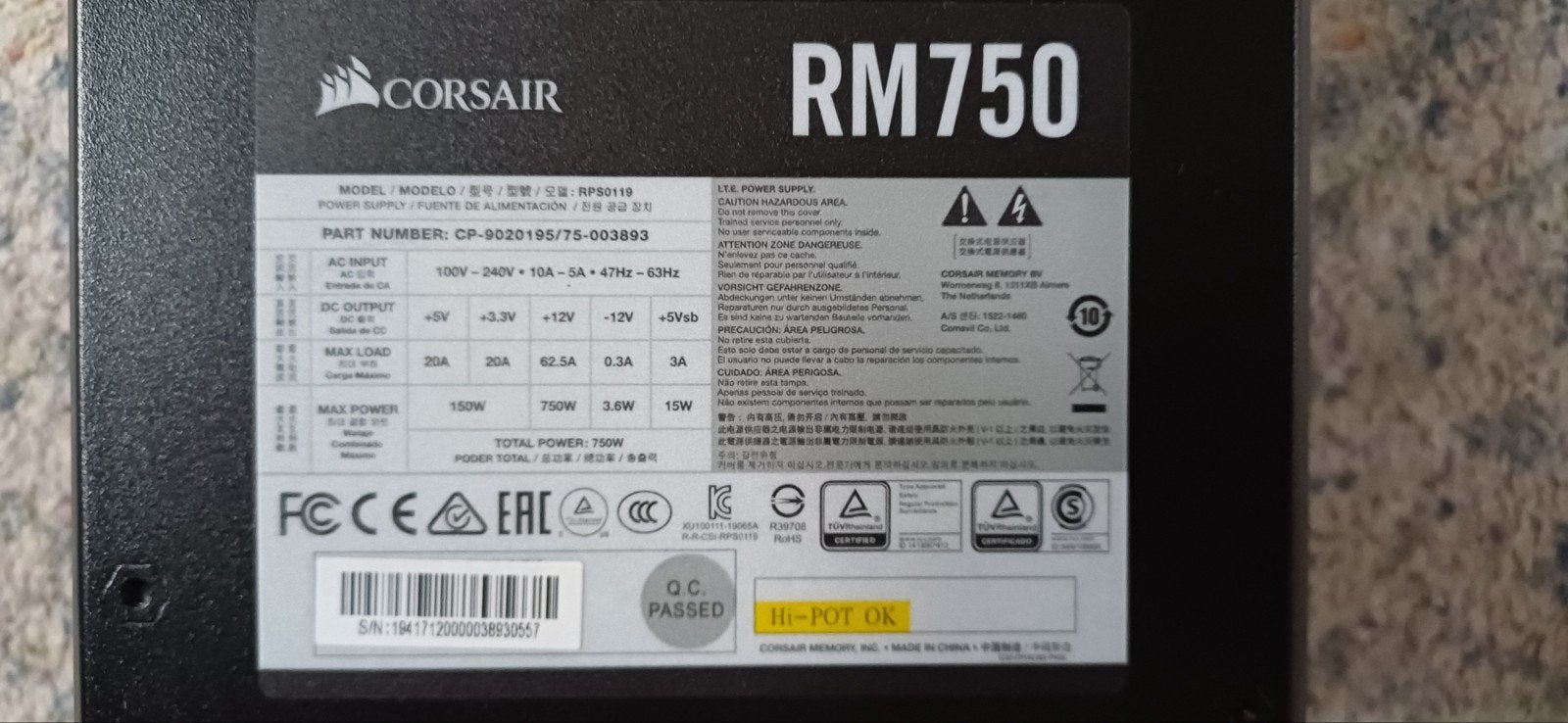 Corsair RM750 Voeding met Kabels, Ophalen of Verzenden, Gebruikt
