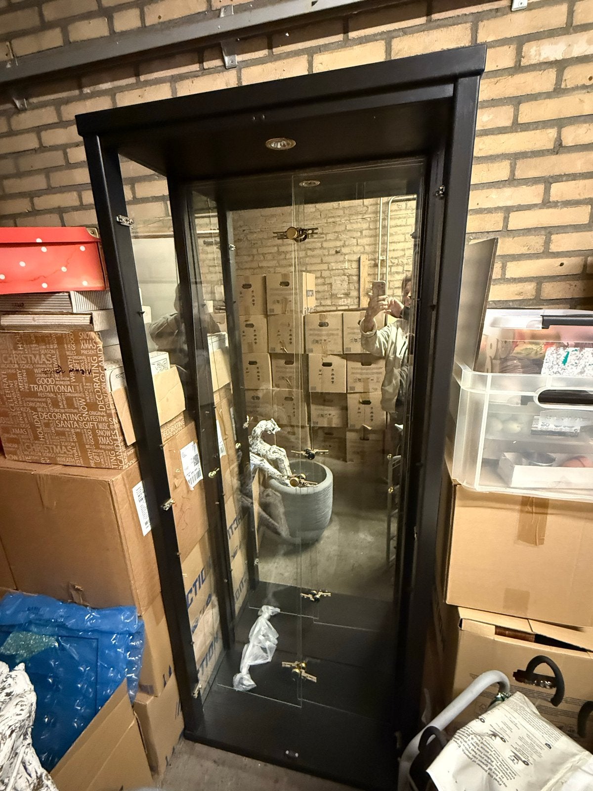 Glazen Vitrinekast met Verlichting - Zwart Hout, Ophalen, Met plank(en), 50 tot 100 cm, 150 tot 200 cm