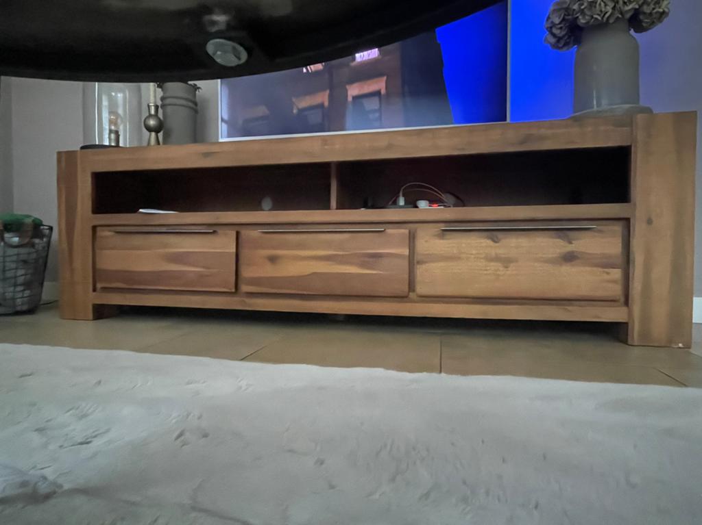 Houten TV-meubel met lades en open vakken, Huis en Inrichting, Kasten | Televisiemeubels, Ophalen, Gebruikt, 150 tot 200 cm, Minder dan 100 cm