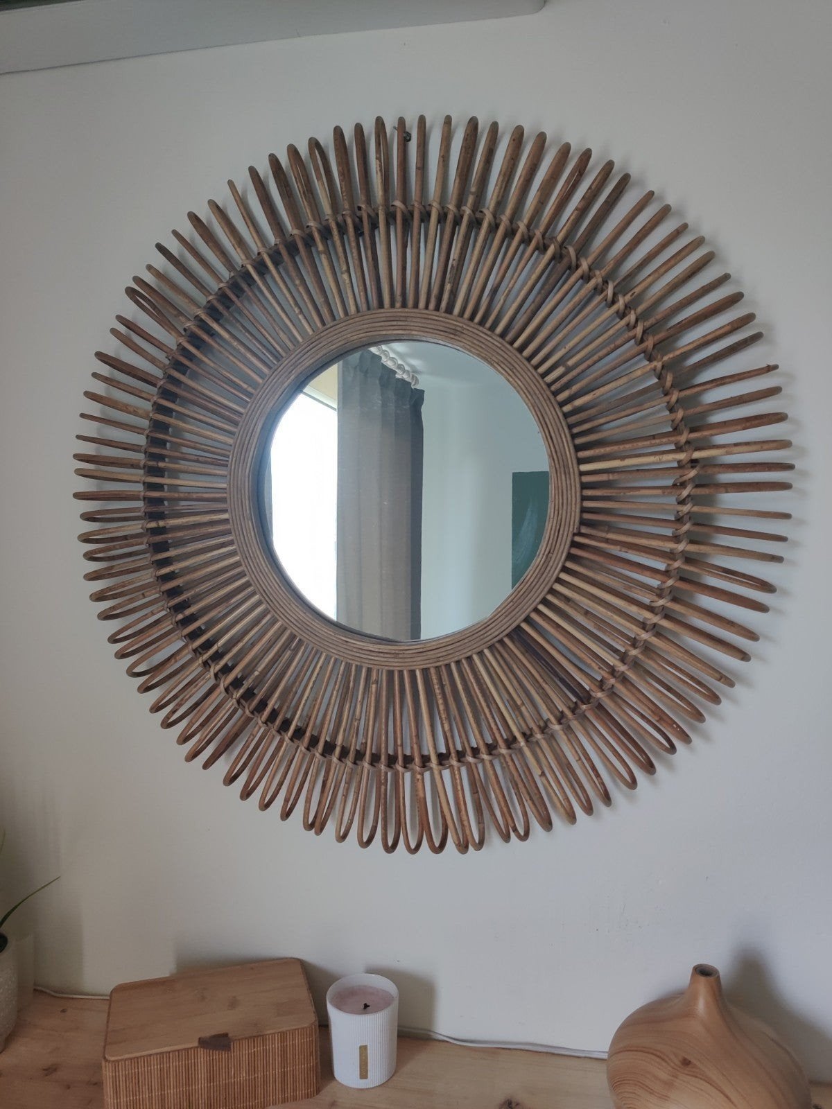 Rotan spiegel 70 cm - Zo goed als nieuw, Huis en Inrichting, Woonaccessoires | Spiegels, Ophalen, Rond, Zo goed als nieuw, Minder dan 100 cm