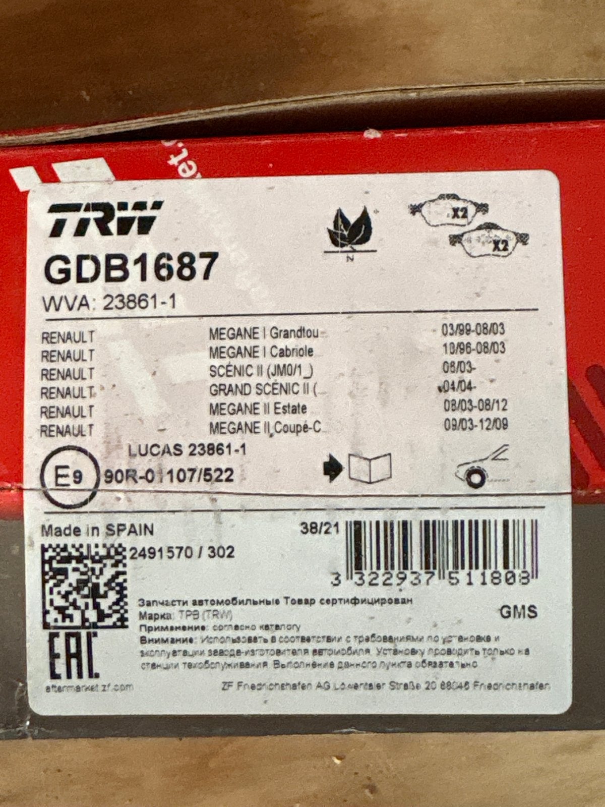 TRW GDB1687 Remblokken voor Renault Megane/Scenic, Ophalen, Nieuw, Renault