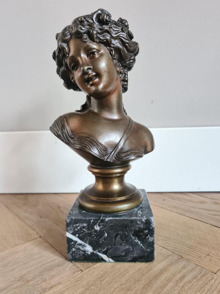 Prachtig Antiek Massief Bronzen Borstbeeld op Marmeren Voet, Ophalen of Verzenden, Brons