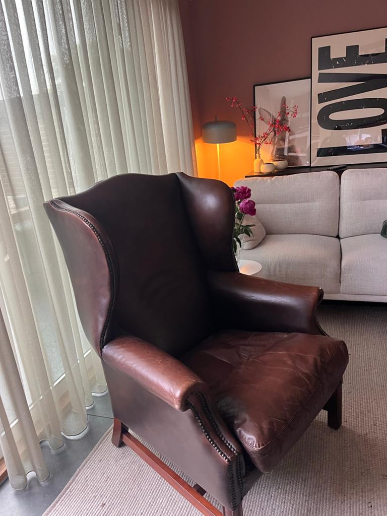 Vintage Leren Fauteuil - Chesterfield Stijl, Gebruikt, Minder dan 75 cm, Leer, Ophalen of Verzenden