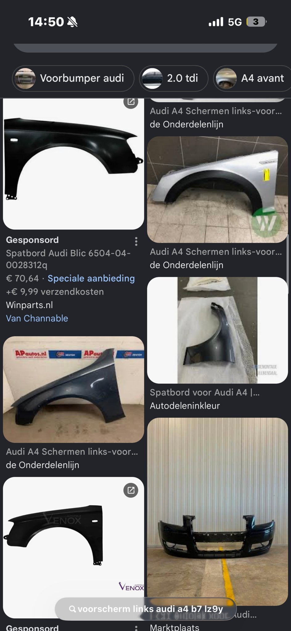 Spatbord Audi A4 B7 GEZOCHT! Kleur LZ9Y, Gebruikt, Voor, Spatbord, Audi