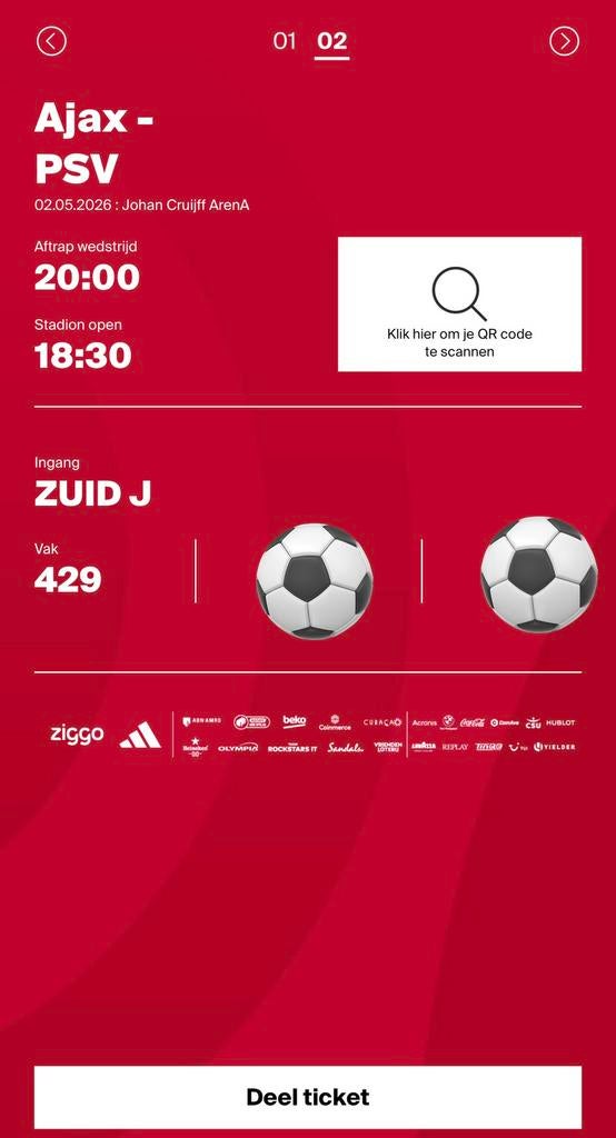 Ajax - PSV 1 kaart boven de Fside | zuid 2, Eén persoon, Februari