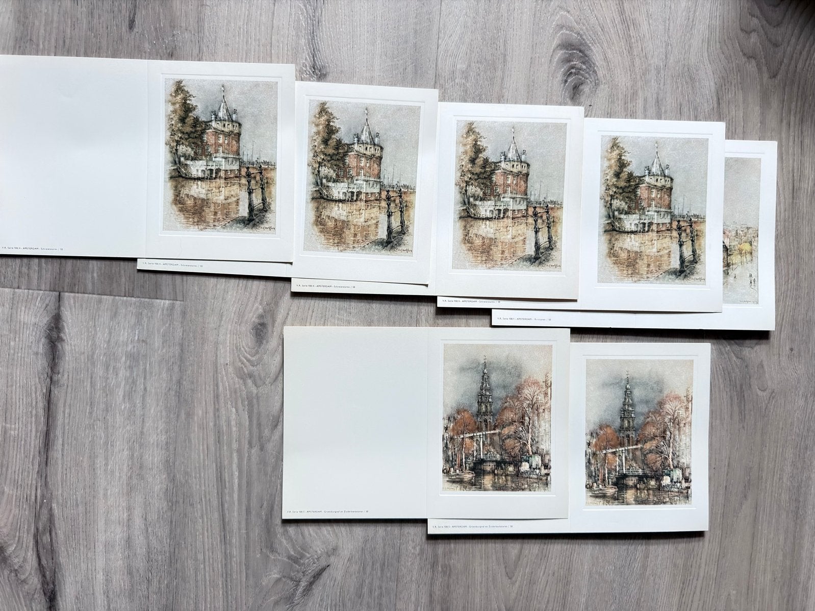 Set van 6 Amsterdamse stadsgezichten - Lithografieën, 18 cm, 1950 - 1999, Stadsgezicht, Ophalen of Verzenden