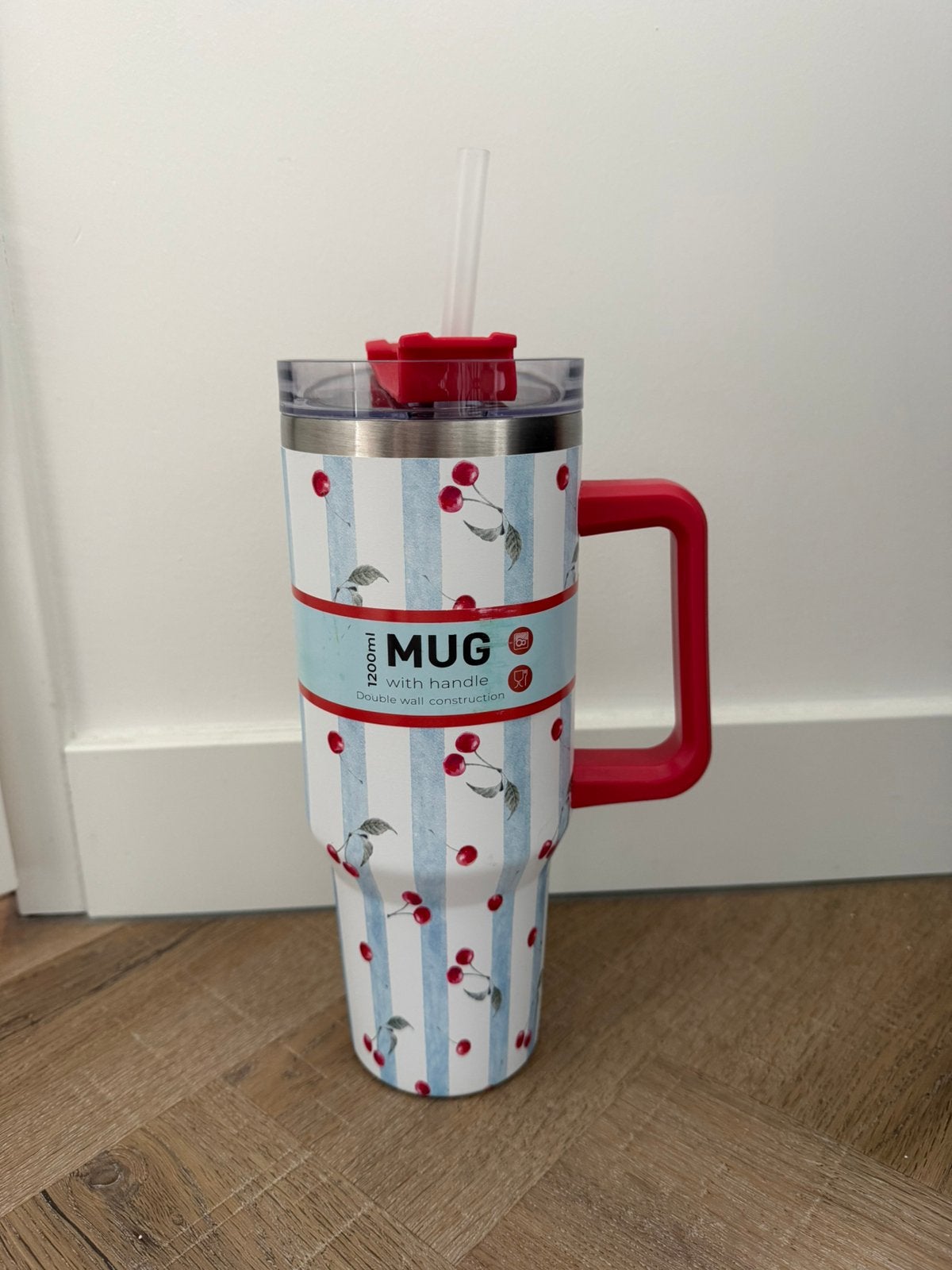 Nieuw blauw roze streep kers print MUG stanley cup 1,2l, Ophalen of Verzenden, Nieuw