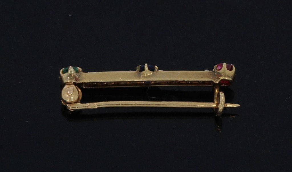 Smaragd diamanten robijn saffier 14k gouden antieke broche, Verzenden, Goud, Broche, Met edelsteen