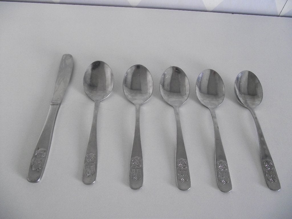 vintage RVS kinderbestek Beer 1 mes 5x lepel Amefa per stuk, Ophalen of Verzenden