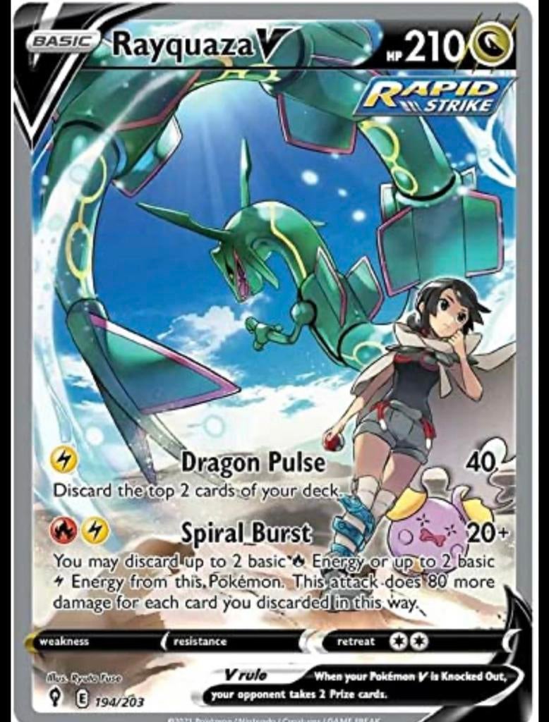 Rayquaza v 194 gezocht!!, Hobby en Vrije tijd, Verzamelkaartspellen | Pokémon, Ophalen of Verzenden, Zo goed als nieuw