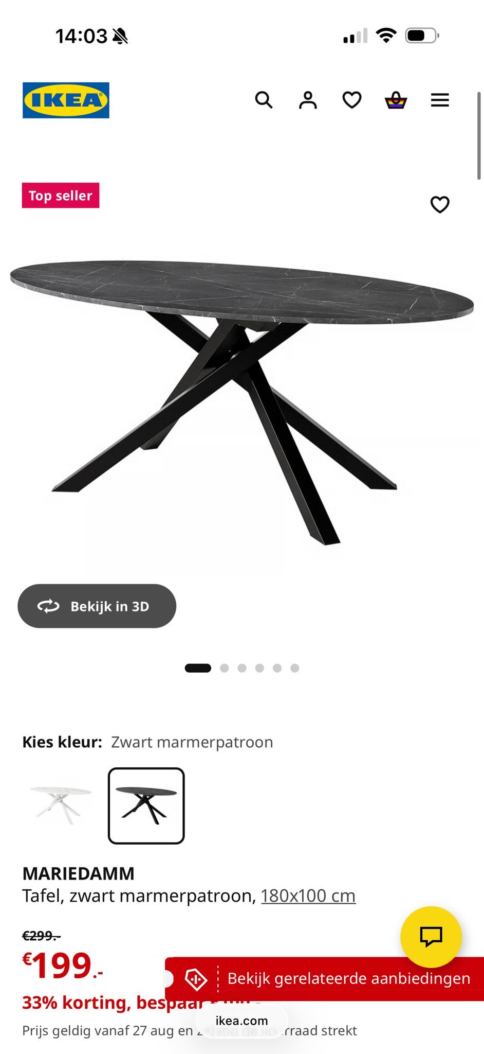 IKEA MARIEDAMM Tafel, zwart marmerpatroon, 180x100 cm, Ophalen, Overige materialen, 50 tot 100 cm, Zo goed als nieuw