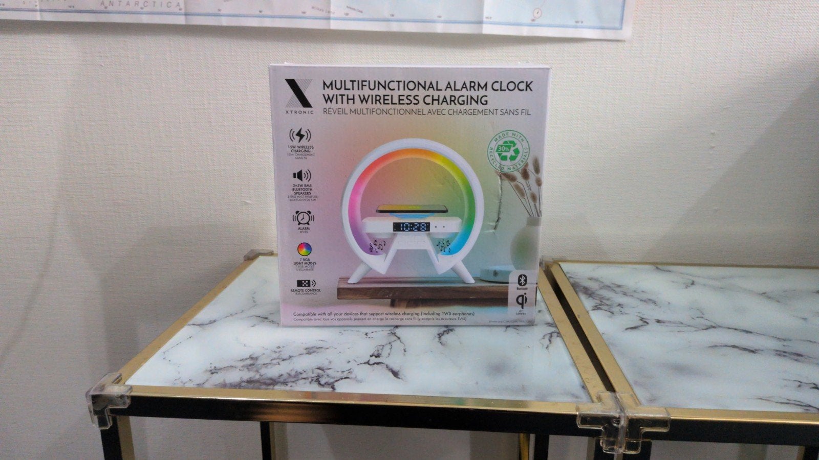 Witte multifunctionele alarm clock met 15W wireless charging, Ophalen