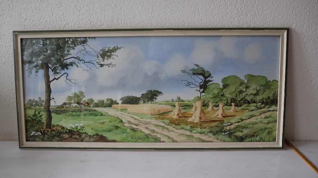 Schilderij (aquarel) Henk Hoefman. Boerderij met landschap, Ophalen, Achter glas, Landschap, Aquarel