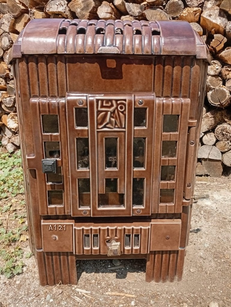 Zeer mooie unieke antieke art-deco houtkachel, Huis en Inrichting, Kachels, Ophalen, Gebruikt, Houtkachel, Vrijstaand