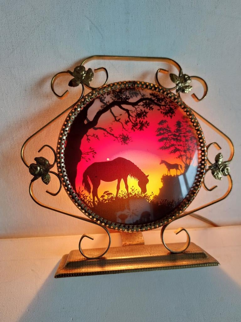Vintage Tafellamp Paarden Zonsondergang Scène, Huis en Inrichting, Gebruikt, Ophalen of Verzenden, Vintage, Nostalgisch, Glas