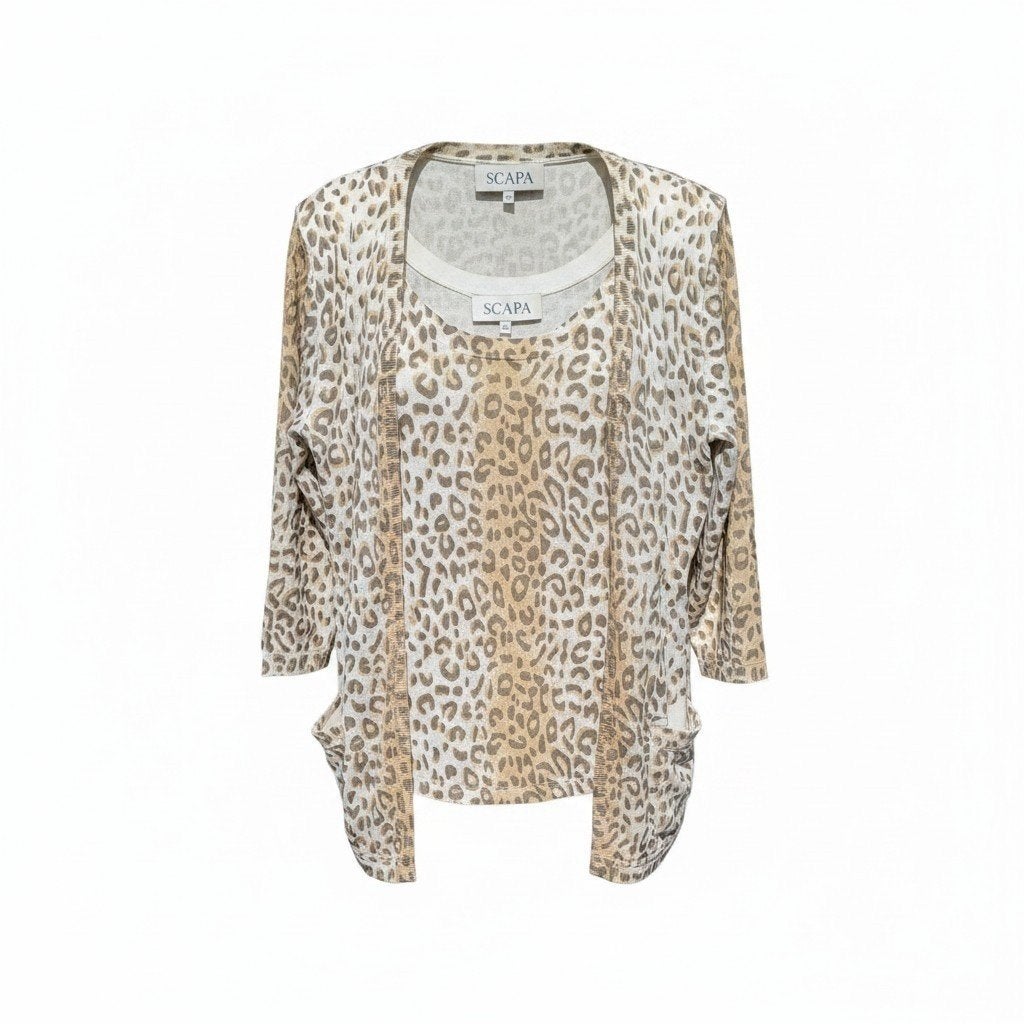 Scala twinset maat XS - 2-delig  panterprint, Ophalen of Verzenden, Zo goed als nieuw, Maat 34 (XS) of kleiner, Beige