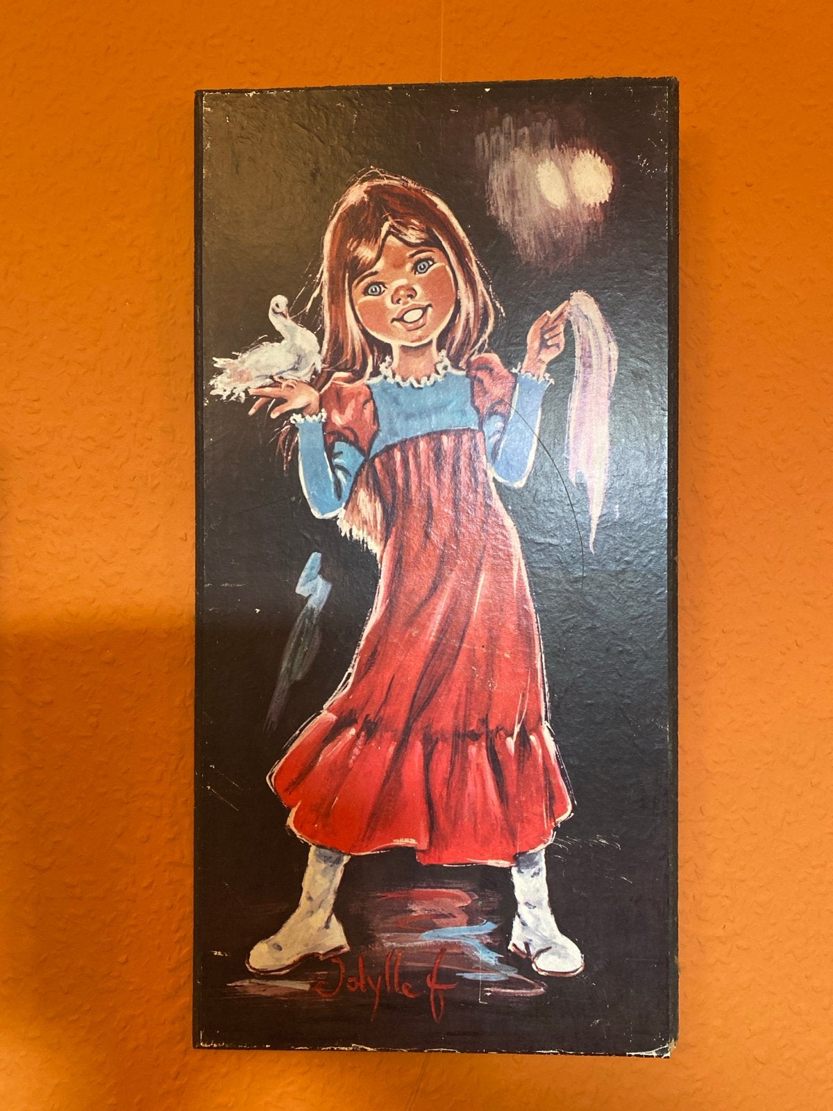 Vintage Schilderij meisje met duif, Paneel, Portret of Personen, Realistisch, Overige technieken