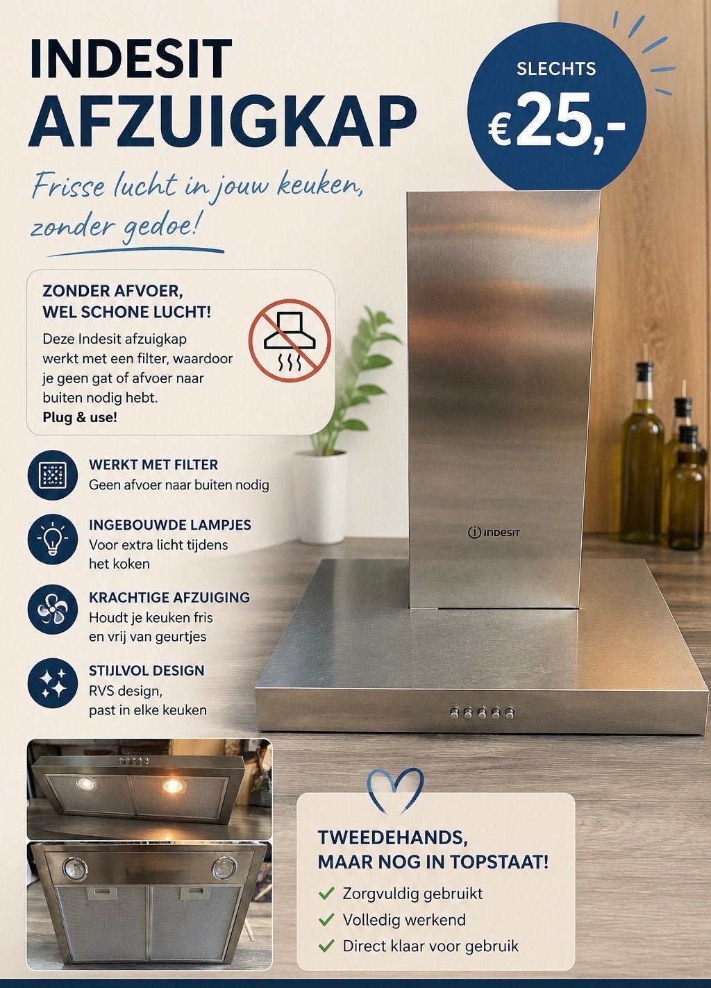 Indesit Afzuigkap RVS - Recirculatie met Koolstoffilter, Ophalen, Gebruikt, Wandschouwkap, Vrijstaand
