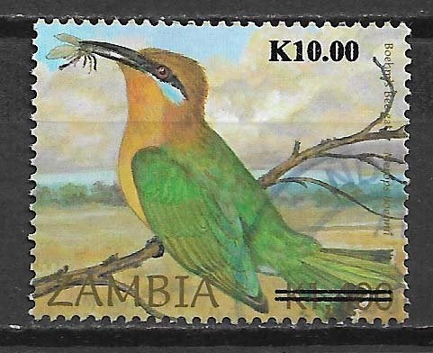 Zambia 2016 Vogel bijeneter overdruk K10 op K1400 gebruikt, Ophalen of Verzenden, Zambia, Gestempeld