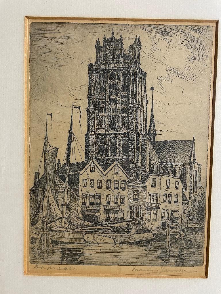 Dom Dordrecht - ets van Marius Janssen, Antiek en Kunst, Ets, Stadsgezicht, Ophalen of Verzenden, 15 cm