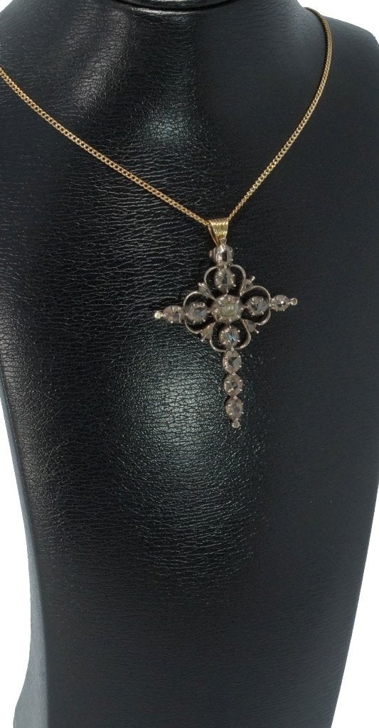 Grote diamanten antieke 14k kruis ketting hanger fraai, Ophalen of Verzenden, Goud, Hanger, Met edelsteen