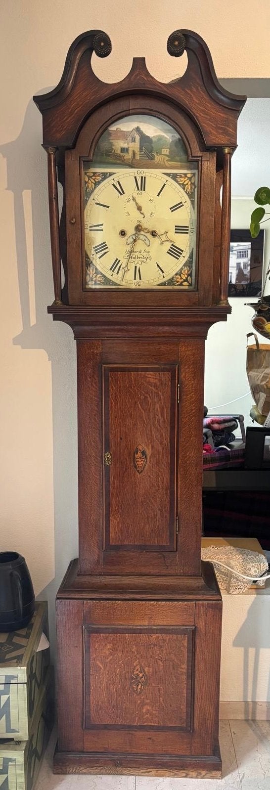 Antieke staande klok, eikenhout, Hocker & Son Halbridge, Antiek en Kunst, Ophalen