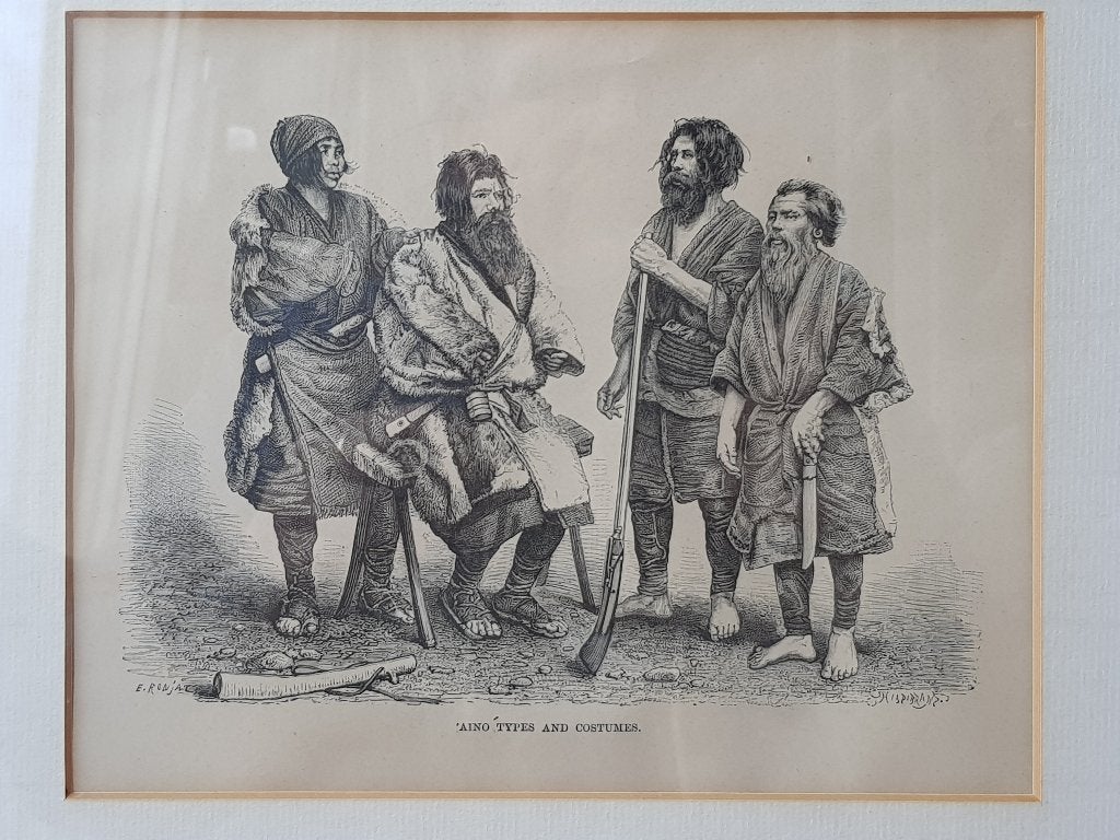 Aino types and costumes antieke ingelijste ets uit Engeland., Ophalen of Verzenden, Ets, Ingelijst, 1800 - 1899