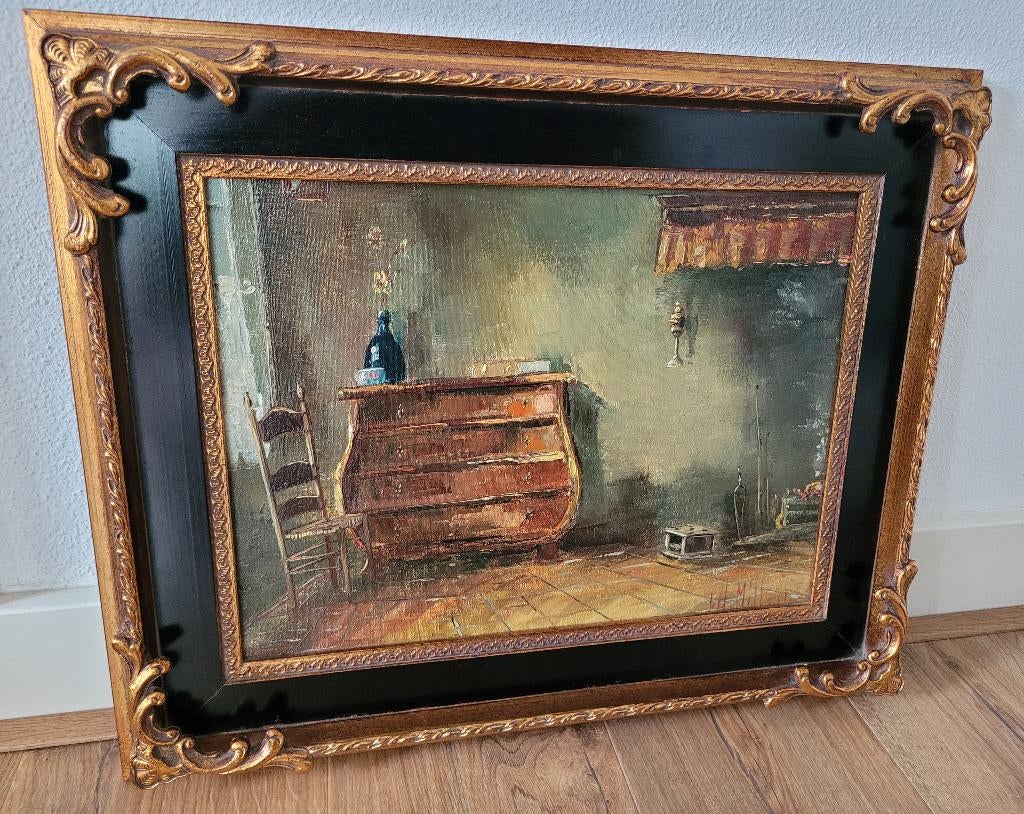 Interieur op doek gesigneerd r.o. J.H. Miller 30 x 40 cm., Ophalen of Verzenden