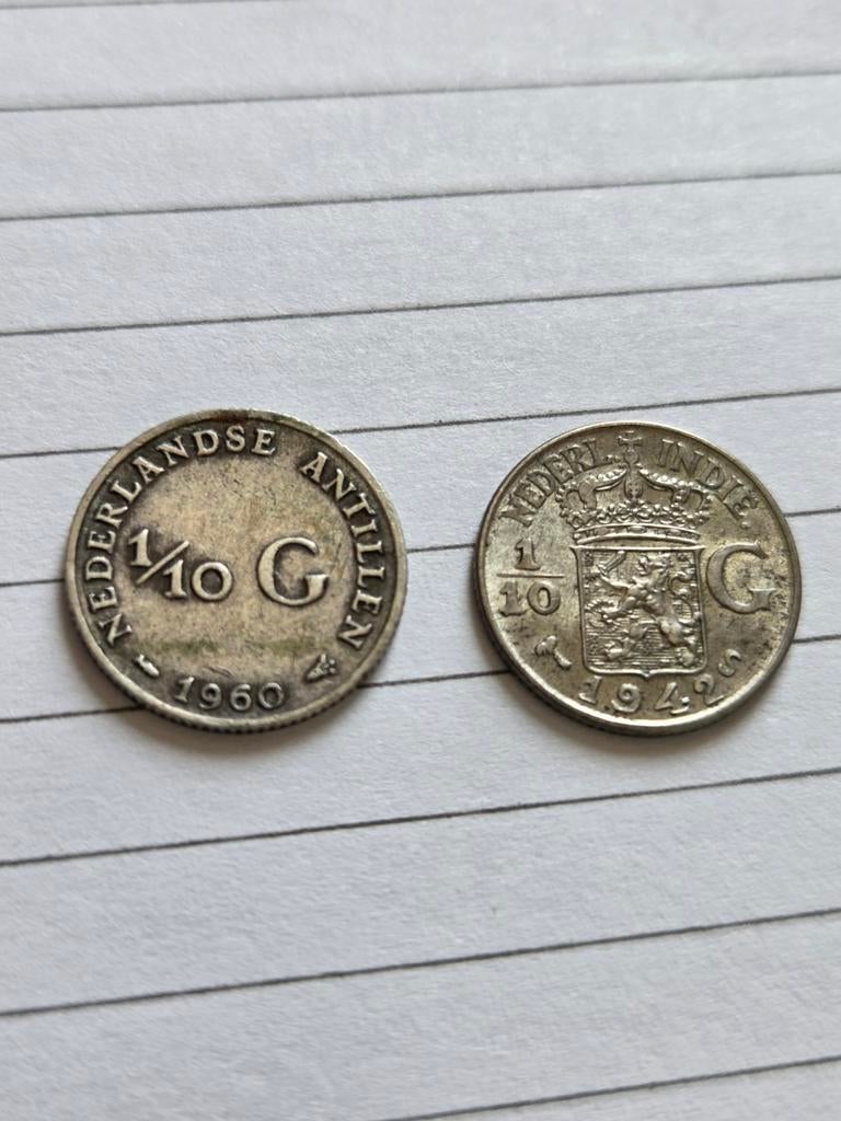 2 zilveren munten 1/10 gulden Nederlandse Indie en Antillen, Ophalen of Verzenden, Overige landen