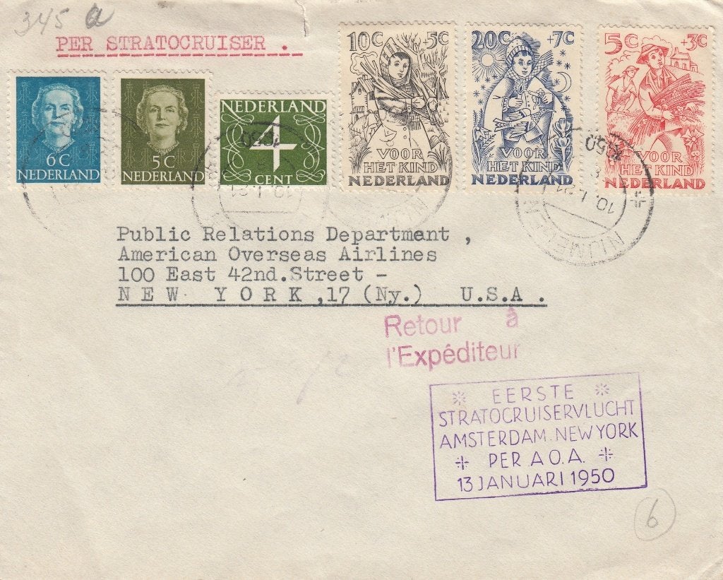 Nederland- 1950-  A'dam - New York - 1e Stratocruiservlucht, Verzenden, Na 1940, Gestempeld