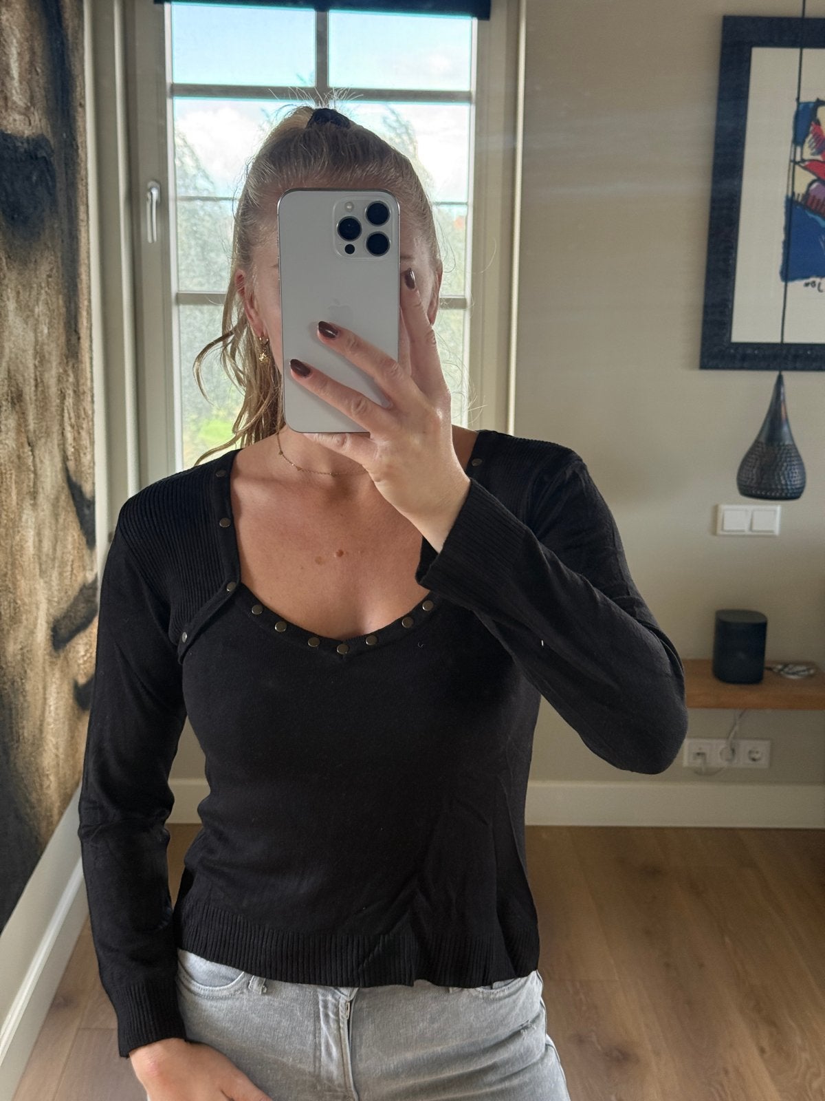Zwarte Zigga top met lange mouwen en studs, maat 38/40 (M), Kleding | Dames, Maat 38/40 (M), Zwart, Ophalen of Verzenden, Zo goed als nieuw