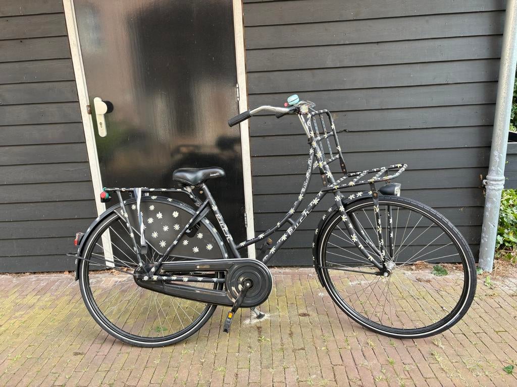 Puch transport-oma-fiets in het zwart met bloemenprint, Ophalen, Terugtraprem, Gebruikt, Puch