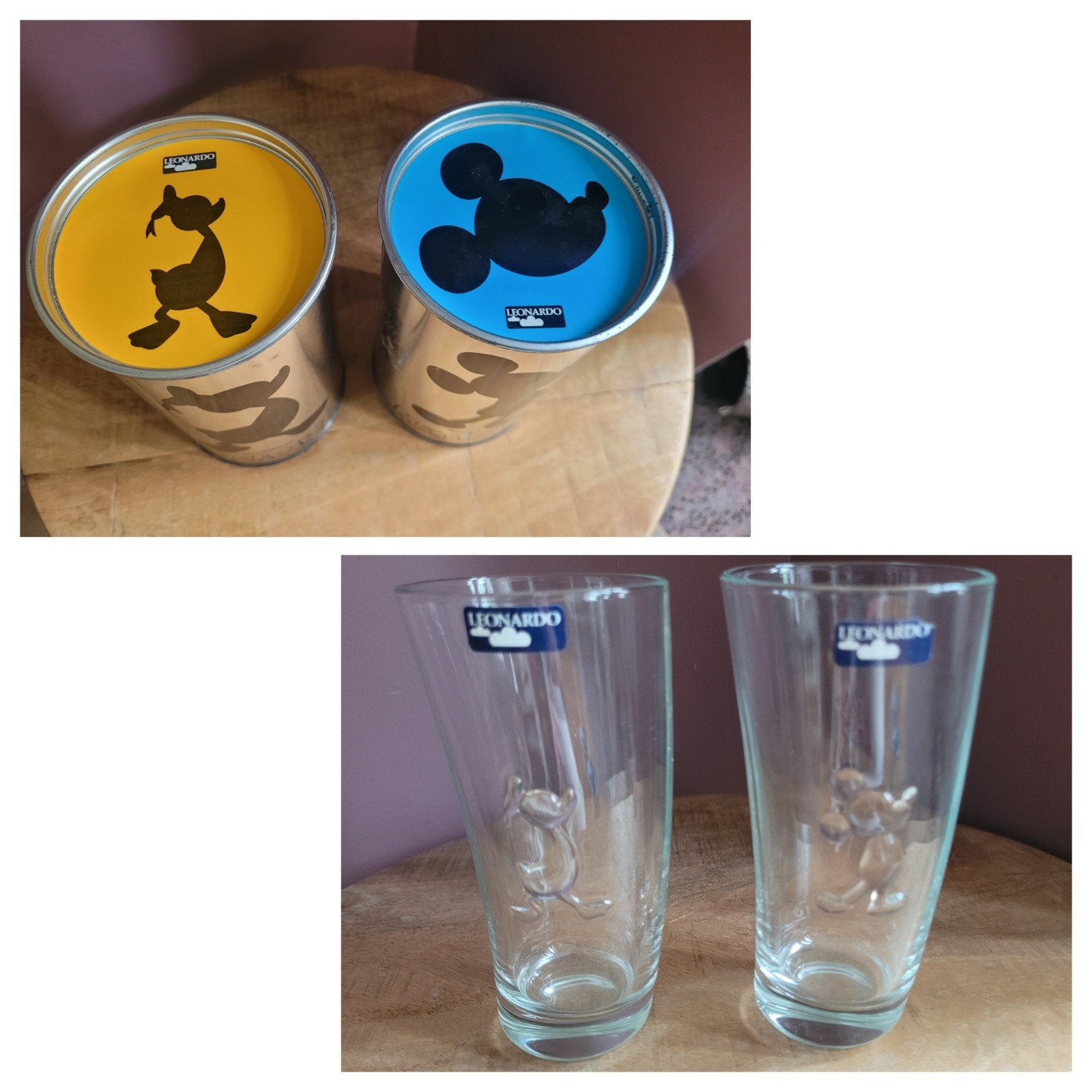 Leonardo drinkglazen Donald Duck & Mickey Mouse in blik 2002, Ophalen of Verzenden, Donald Duck, Gebruikt, Servies