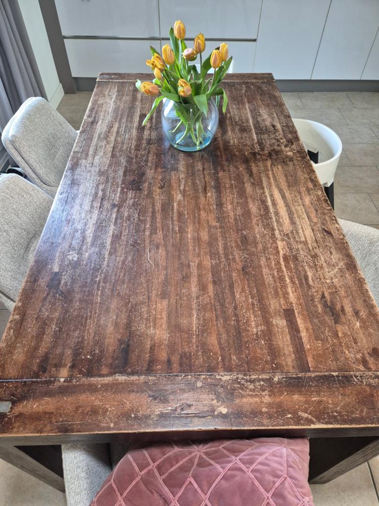 Robuuste houten eettafel - Gebruikt, Ophalen, Gebruikt, 50 tot 100 cm, 150 tot 200 cm