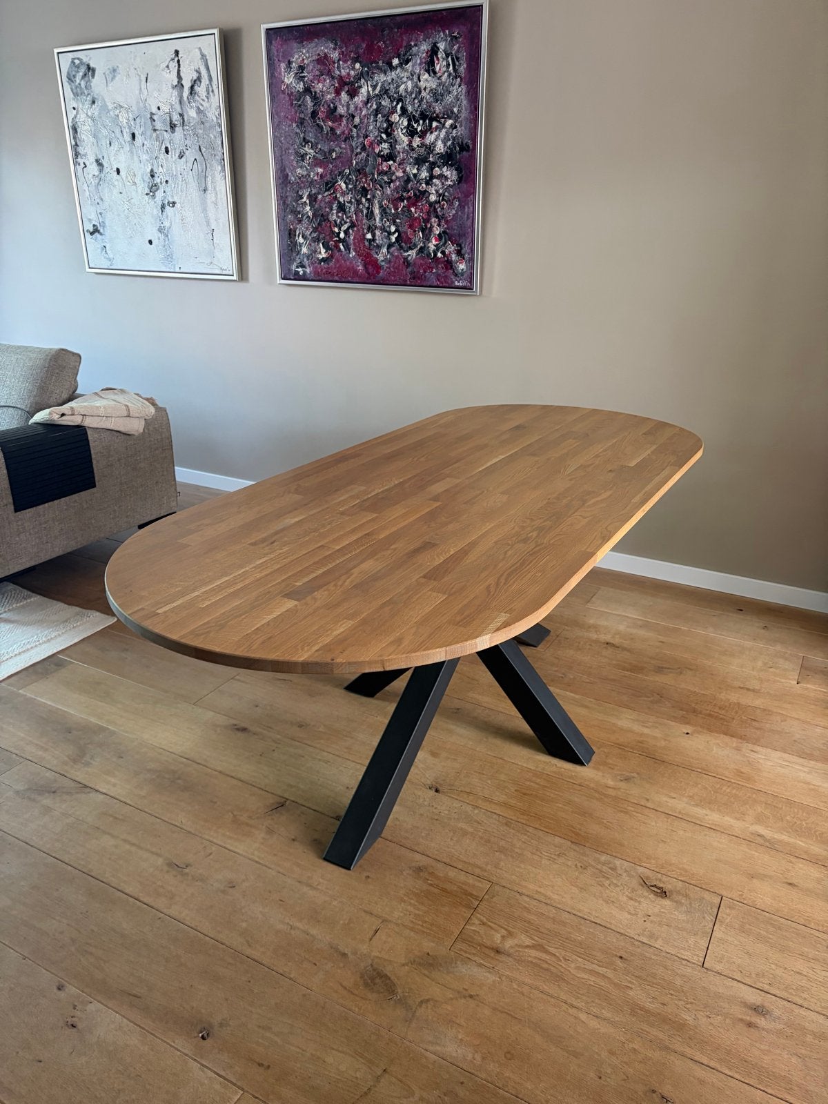 Moderne Eettafel Ovaal Eikenhout met Zwart Metalen Onderstel, Ophalen, Eikenhout, 200 cm of meer, 50 tot 100 cm