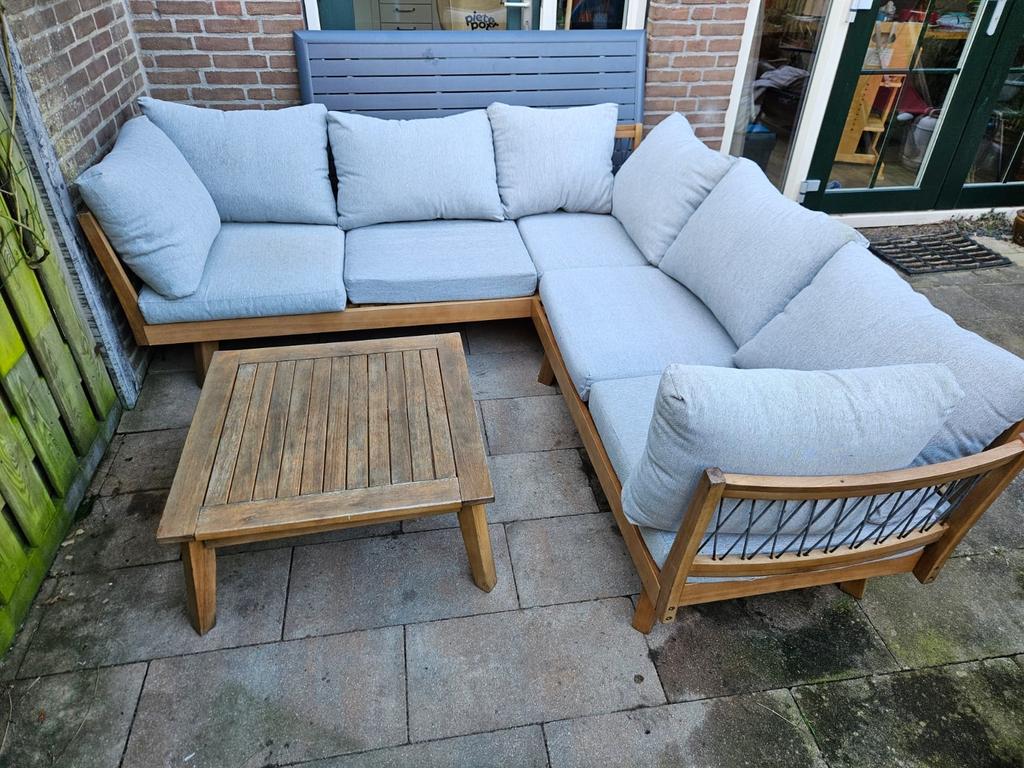 Hoekbank loungeset met grijze kussens, Ophalen, 5 zitplaatsen, Gebruikt, Loungeset