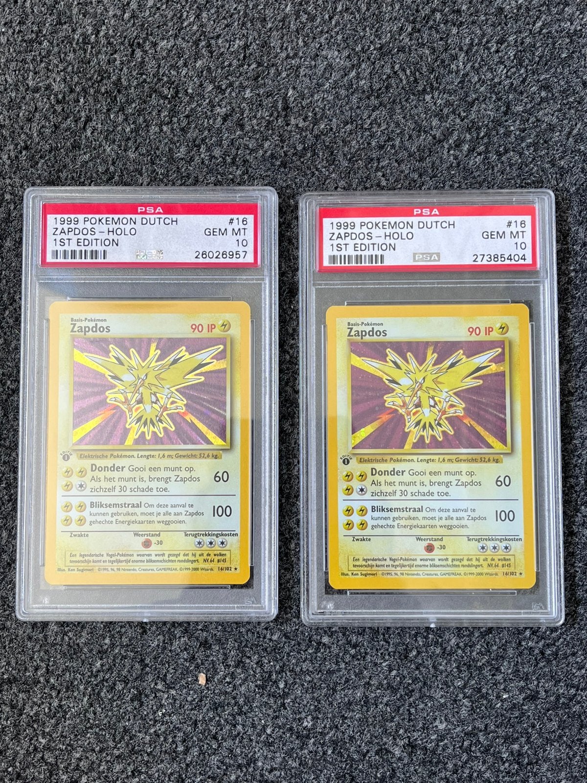 Pokémon 2x POP 9! - PSA 10 Dutch 1st ed Zapdos Holo Base set, Ophalen of Verzenden, Zo goed als nieuw, Meerdere kaarten, Foil