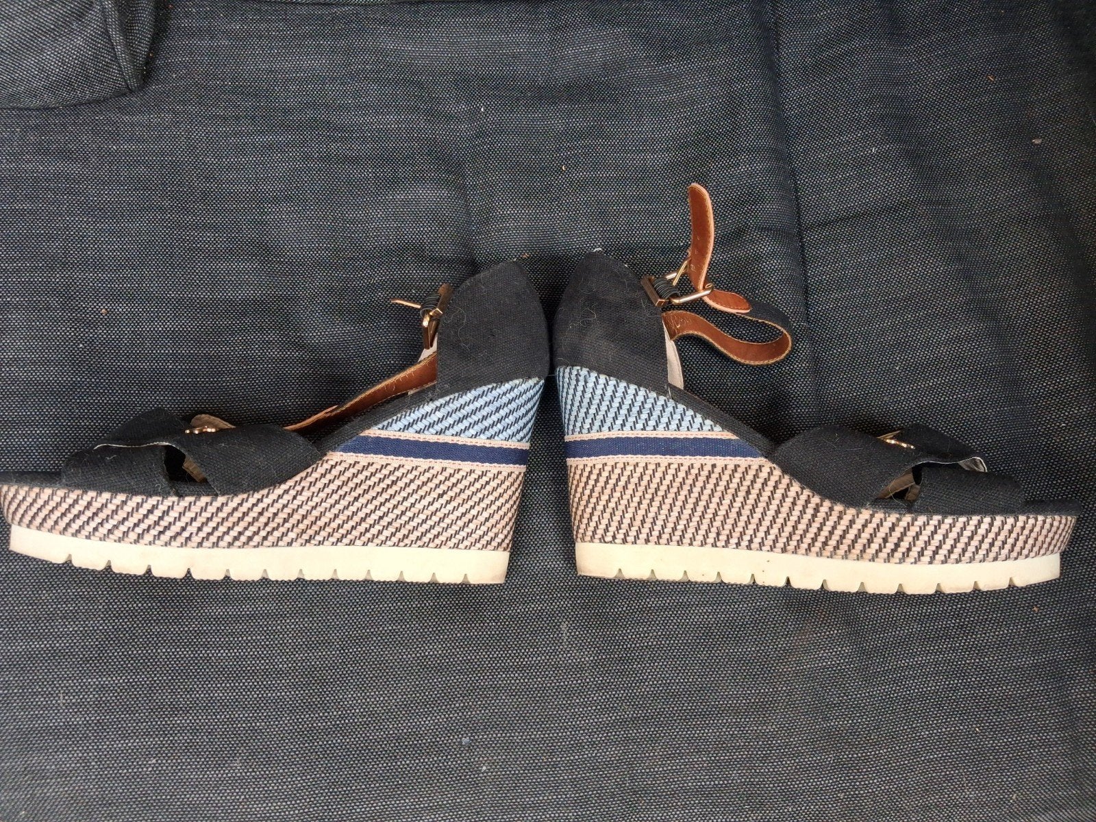 Foreverfolie damessandalen met een sleehak/platformzool,, Foreverfolie, Blauw, Zo goed als nieuw, Sandalen of Muiltjes