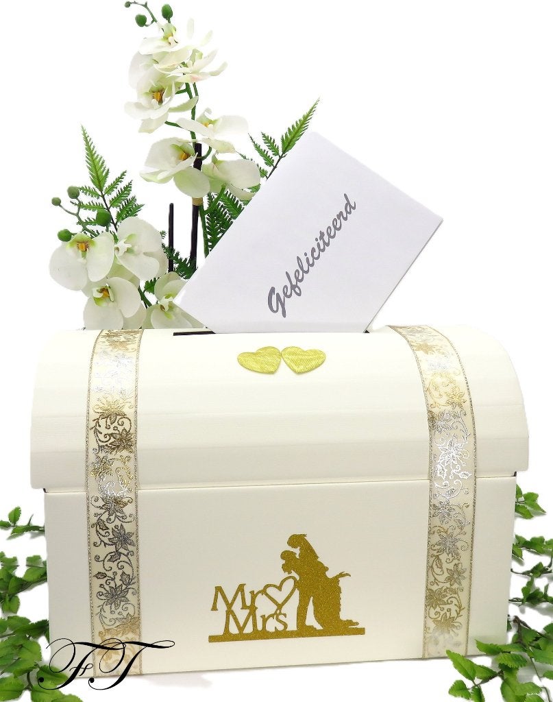 Zeer mooie Mr & Mrs goud bruidspaar enveloppendoos., Hobby en Vrije tijd, Feestartikelen, Ophalen of Verzenden, Nieuw, Feestartikel