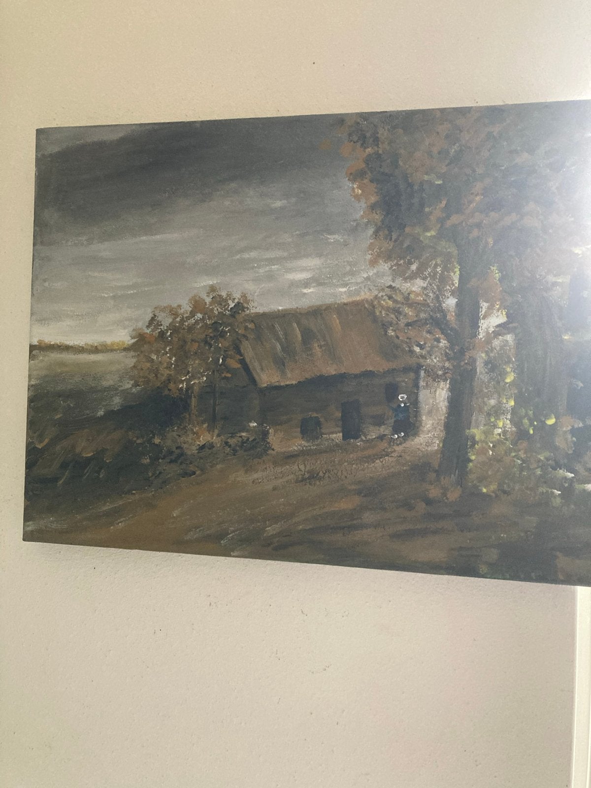 Schilderij Landschap met Boerderij - Olieverf op Doek, Doek, Realistisch, Ophalen of Verzenden, Olieverf