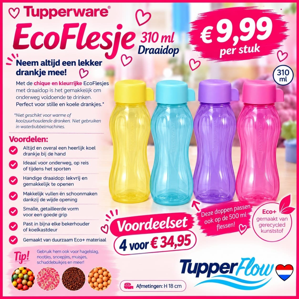 TUPPERWARE Eco flesje 310 ml met Draaidop, Ophalen of Verzenden, Nieuw