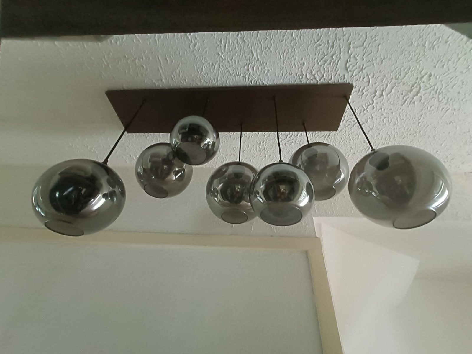 Grote hanglamp met smoked glass bollen - Zo goed als nieuw, Ophalen, Zo goed als nieuw, Glas