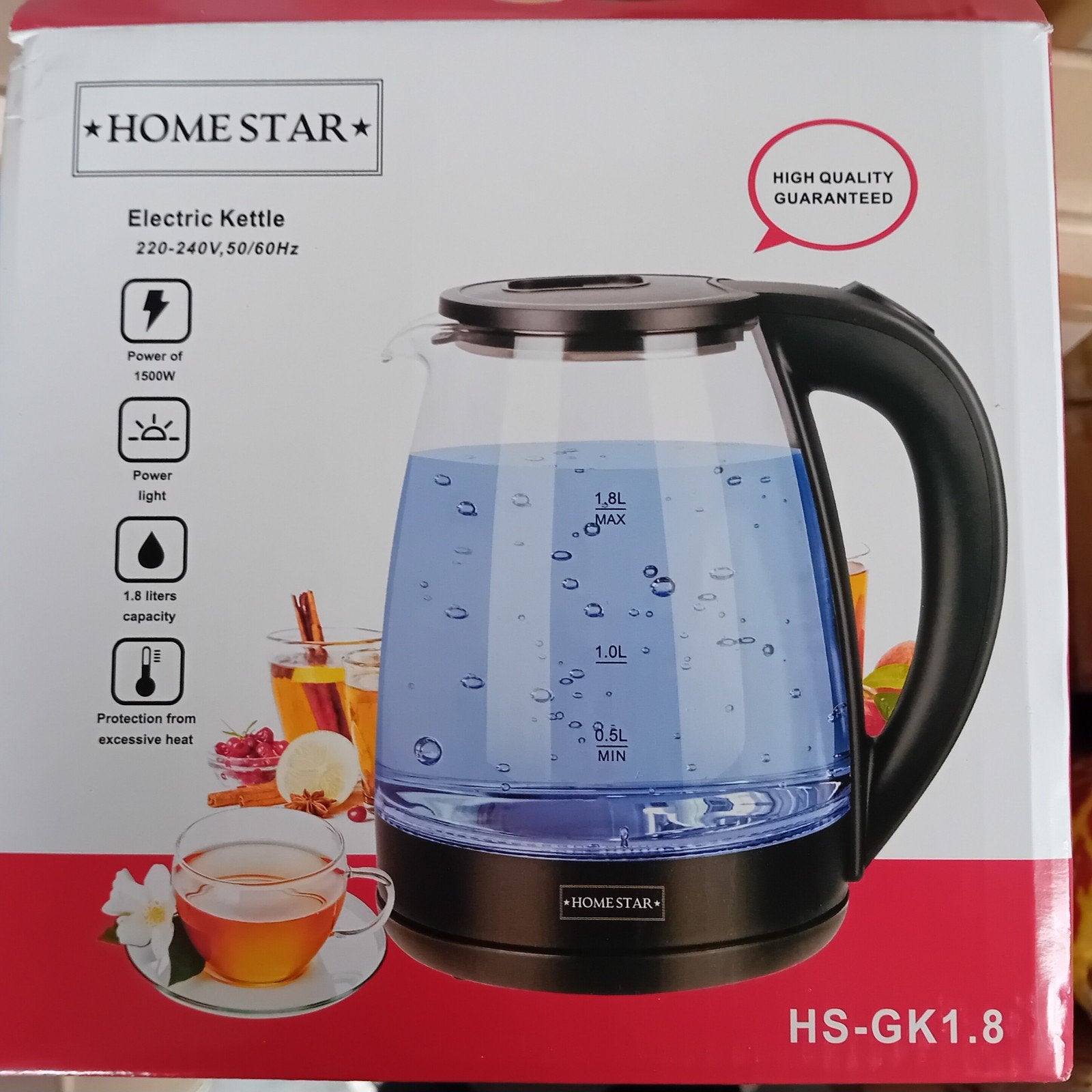 Home Star Glazen Waterkoker 1.8L - 1500W, Home Star, 1 tot 2 liter, Onbekend, Nieuw