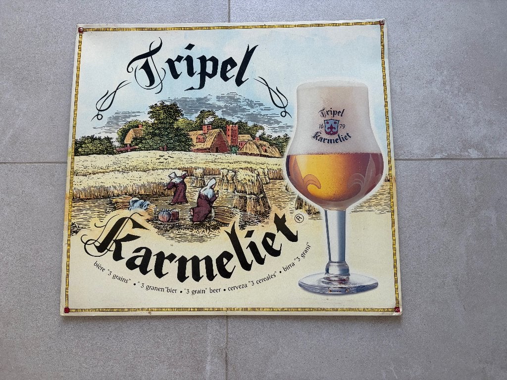Tripel Karmeliet bier reclamebord karton  – 43 x 47 cm, Ophalen of Verzenden, Gebruikt, Reclamebord, Plaat of Schild, Overige merken