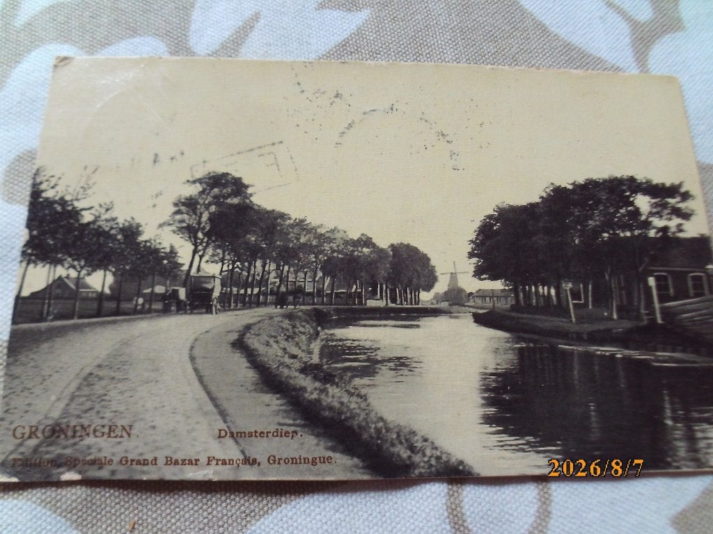 Groningen Damsterdiep 1907 fotokaart handkar bus molen water, Verzamelen, Ophalen of Verzenden, Voor 1920, Gelopen, Groningen