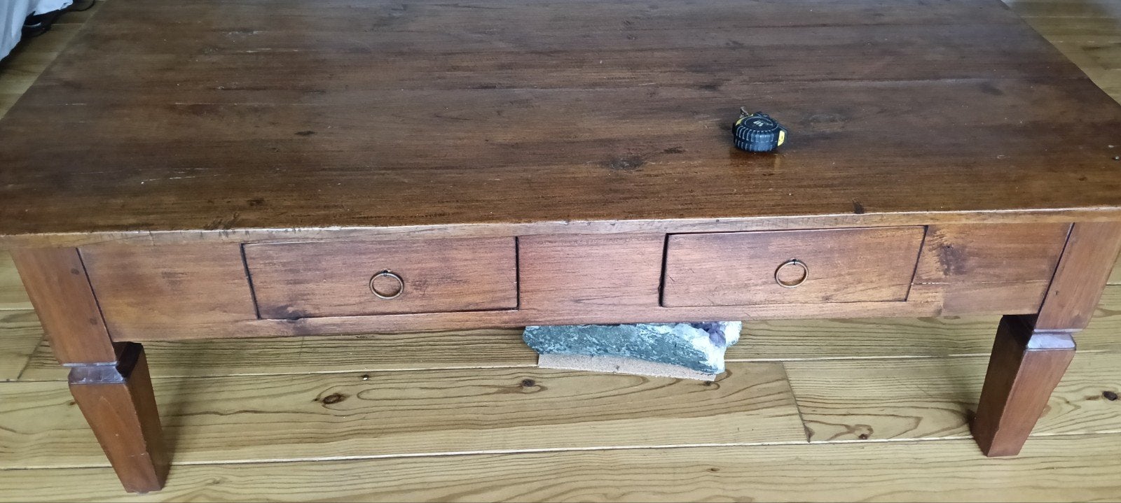 antiek oude betaal tafel salontafel langwerpig 2 lades hout, Ophalen, Gebruikt, 100 tot 150 cm, 50 tot 100 cm