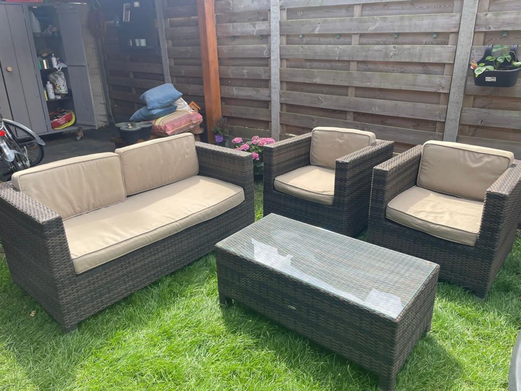 Wicker loungeset met 2 stoelen en bank, Tuin en Terras, Tuinsets en Loungesets, Ophalen, 4 zitplaatsen, Gebruikt, Loungeset